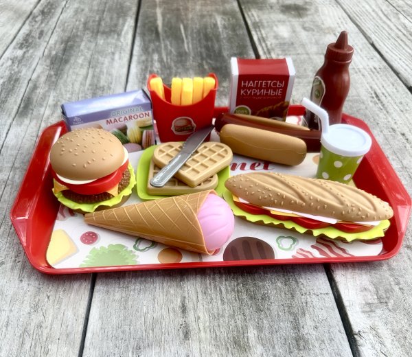 Leksaks mat byggbar hamburgare och smörgås med tillbehör 