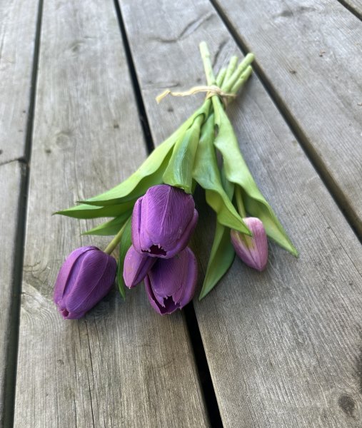 Bukett med lila tulpaner med gröna blad