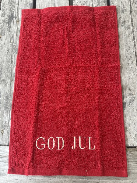 Gästhanduk GOD JUL röd med vit text 