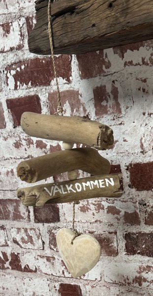 VÄLKOMMEN skylt med hjärta i drivved 