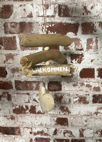 VÄLKOMMEN skylt med hjärta i drivved 