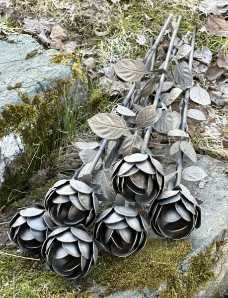 Vacker ros snitt ros i järn och metall med stor utslagen ros, lång stjälk många blad. Går i en zink går nyans med rost inslag. H