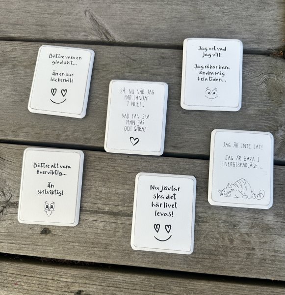 Vit kylskåpsmagnet med text och motiv