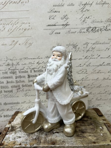 Vacker och elegant vit tomte med cykel och belysning.