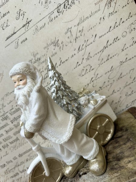 Vacker och elegant vit tomte med cykel och belysning.