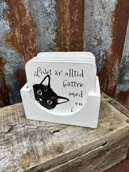 Glasunderlägg i låda med katter och rolig text 