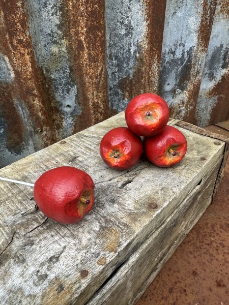 Rött äpple i trä på stick att dekorera med 