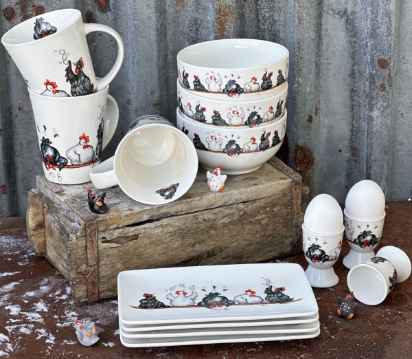 Gulligt och livfullt porslin med hönor