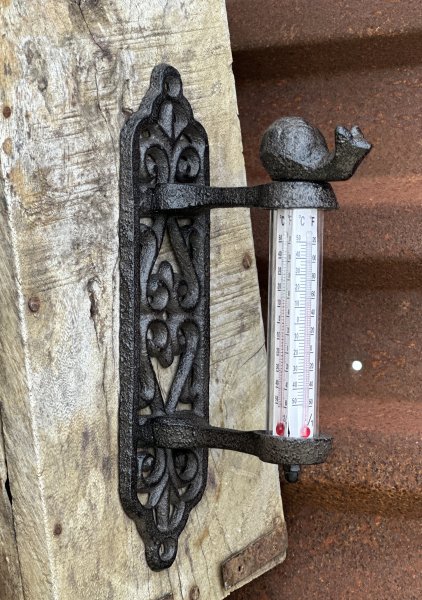 Vägg termometer med dekorerad rygg i järn