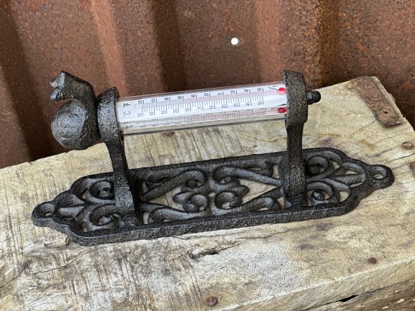 Vägg termometer med dekorerad rygg i järn