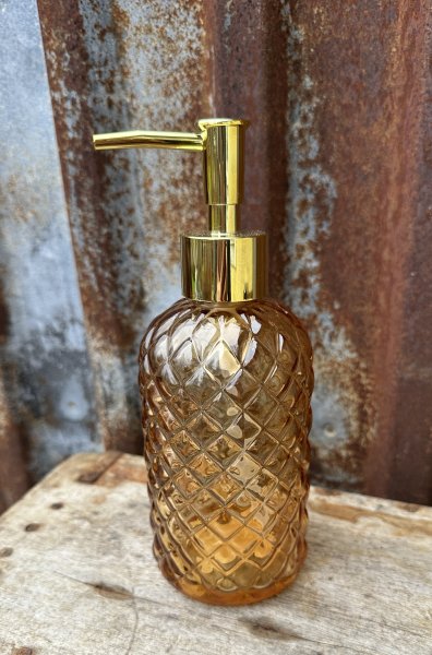 Tvålpump i brunt glas med guld pump