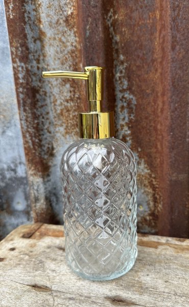Tvålpump i klart glas med guld pump