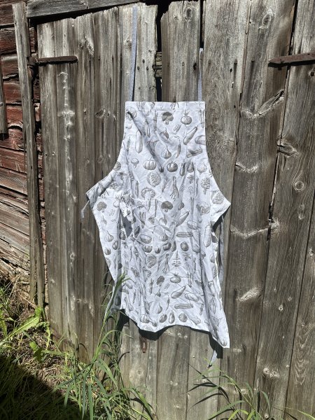 Kökshandduk förkläde och grytlapp grönsaker i vitt och grått