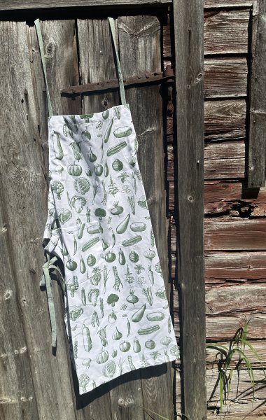 Kökshandduk förkläde och grytlapp grönsaker i vitt och grått