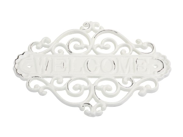 Vacker vit Welcome ”Välkommen” skylt i järn 