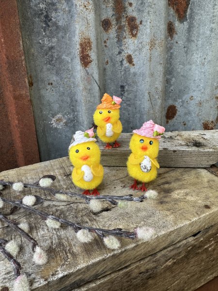 Gula kyckling damer med hatt och ägg