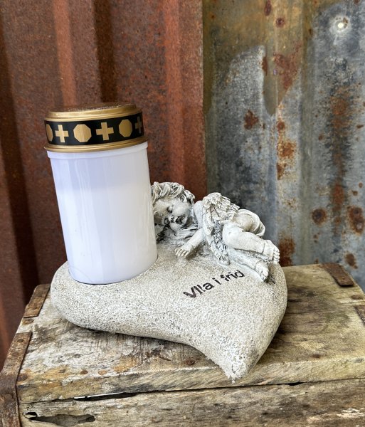 Grav hjärta med ängel och text Vila i frid