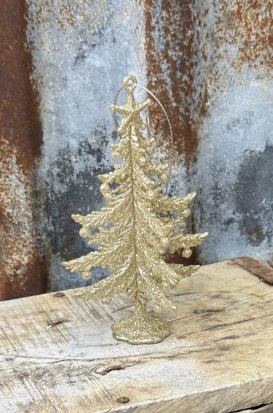 Vacker och elegant gran / julgran i guld och glitter. Snöre upptill så man tex kan hänga den i julgranen som julgranspynt. Den h