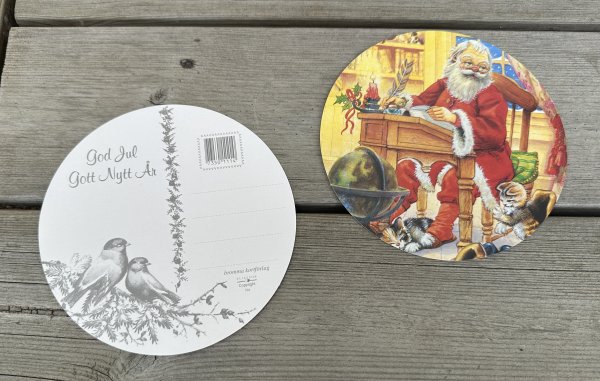 Runda julkort med tomte