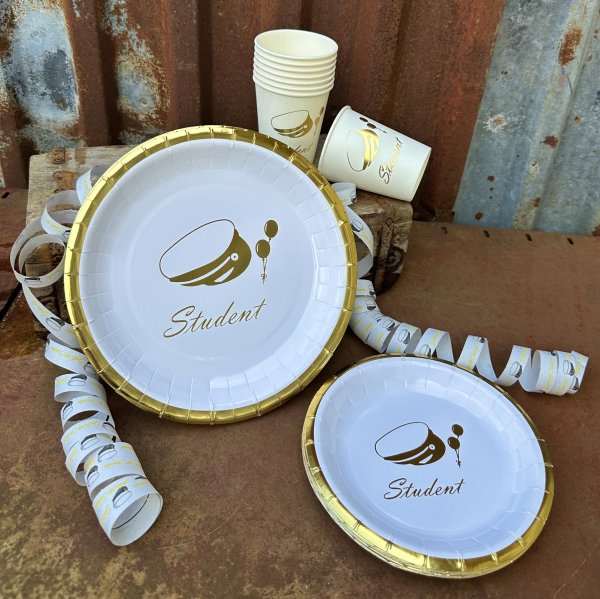 Student tallrikar assietter och muggar i vitt och guld 