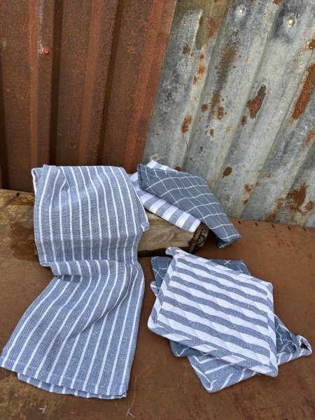 Kökshandduk och grytlapp i blått och vitt 