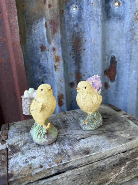 Gul kyckling med ägg och blomster korg 