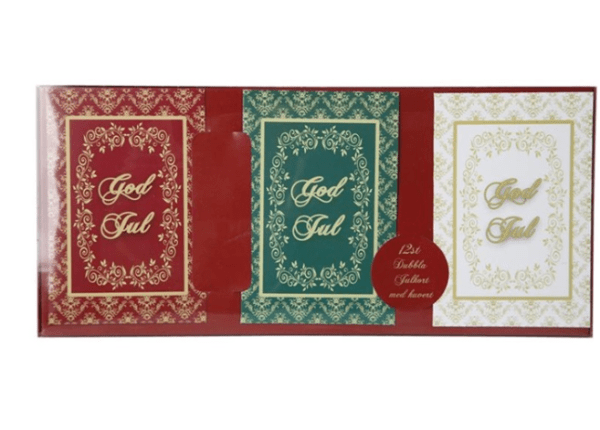 Dubbla julkort God Jul. I pack om 12st dubbla kort med kuvert. Att sätta på paket eller skicka hälsningar med. Mäter per kort 1