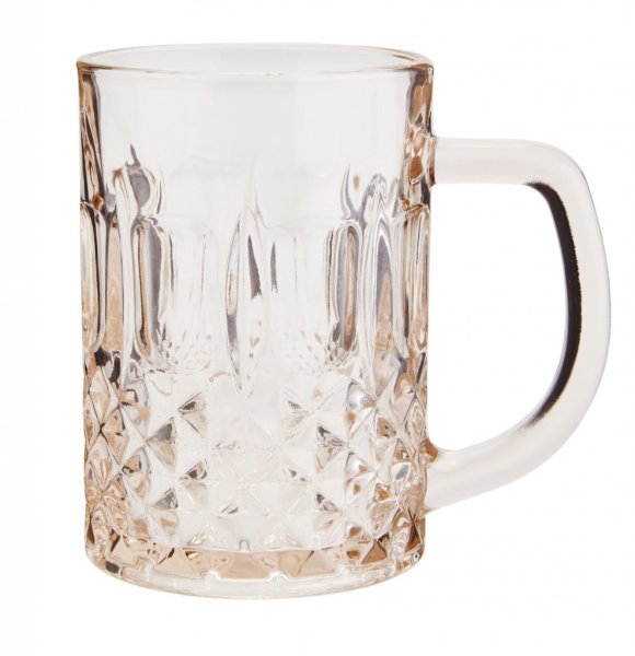 Vackert glas med handtag / kopp/mugg i glas. Kraftigare glas i en mjuk champagne nyans. med vackert mönster i glaset runt om. Pa