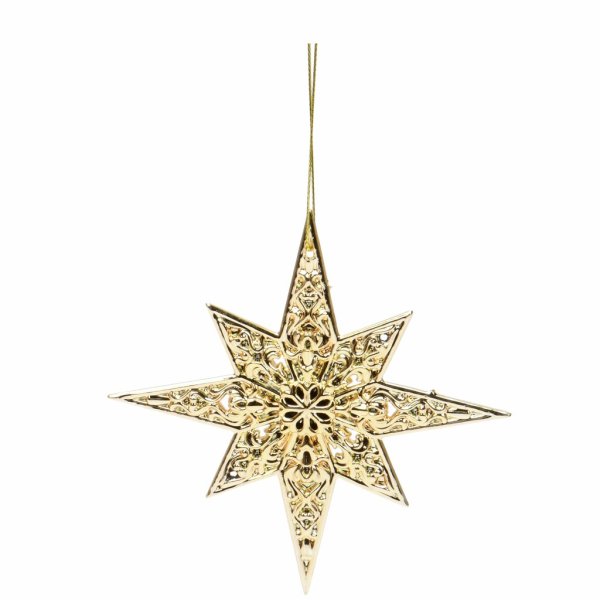 Vacker och elegant stjärna i guld med lätt glitter effekt. Snöre upptill så man tex kan hänga den i julgranen som julgranspynt e