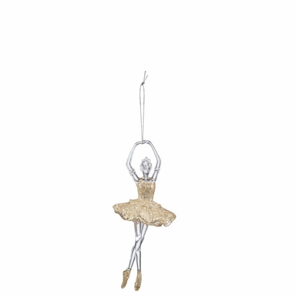 Vacker och elegant ballerina i glitter guld. Med snöre upptill så man tex kan hänga den i julgranen som julgranspynt eller i ett