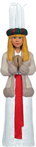 Lucia med ljus i håret att dekorera med. Designad av Erkers Marie Persson Leksand. Unik i sin stil och modell. Ett Svenskt hantv