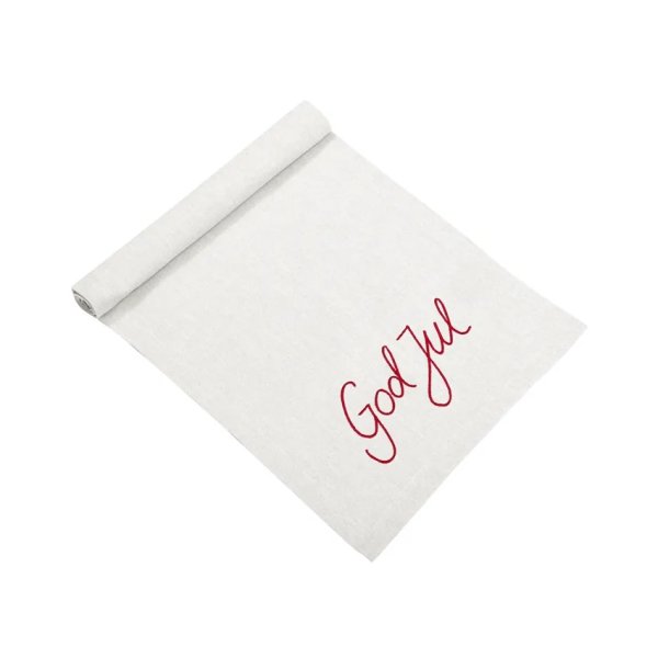 Löpare God Jul i linne med broderad röd text