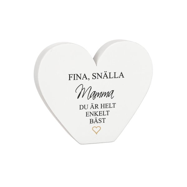 Stående hjärta med text i trä. Vit målad med fabriksslitna inslag och text på en sida. Finns om flera olika modeller. -Mamma -Pa