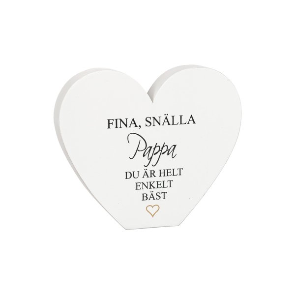 Stående hjärta med text i trä. Vit målad med fabriksslitna inslag och text på en sida. Finns om flera olika modeller. -Mamma -Pa