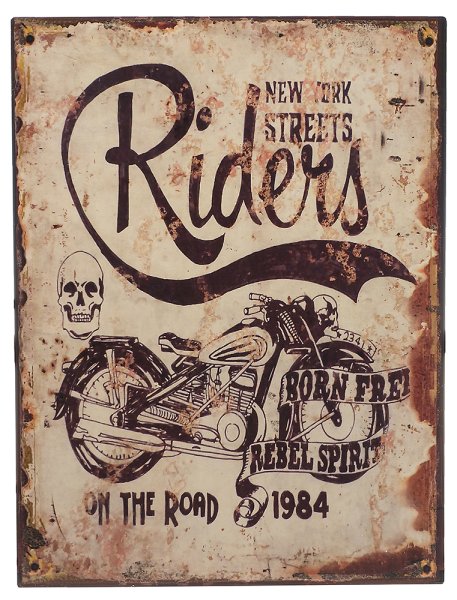 Plåt skylt New York Riders . I  plåt med retro nostalgi motiv vilket ger skylten ett levande och annorlunda utseende.   Mäter 25