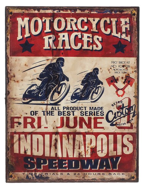 Plåt skylt med reklam Motorcycle Race. I plåt med retro nostalgi motiv vilket ger skylten ett levande och annorlunda utseende.