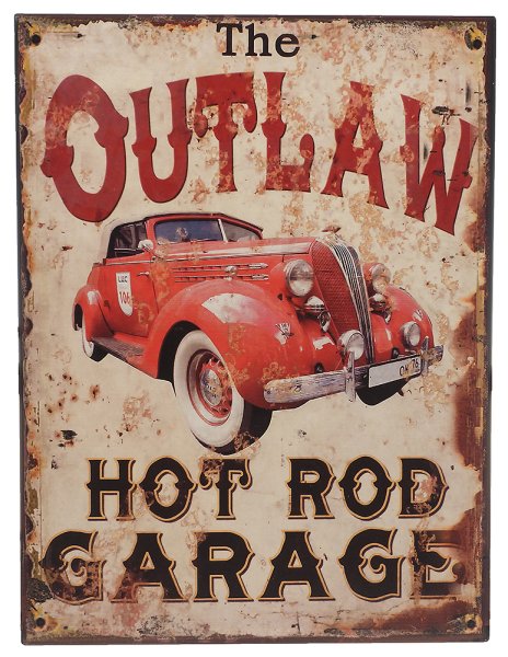 Påt skylt Hot Rod Garage i Amerikansk retro stil. Med text och motiv i milda varma nyanser .