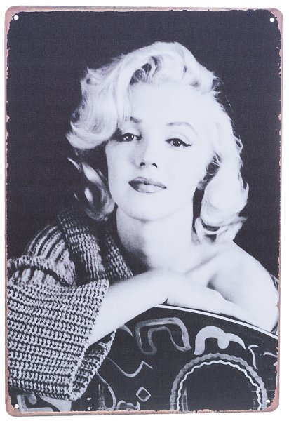 Plåtskylt i svart och vitt med Marilyn Monroe