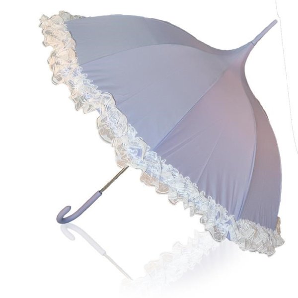 Romantiskt lavendel lila paraply med volang kant . Blank  krycka och silverfärgad metall topp.Ett lyxigt stilfullt paraply i uni