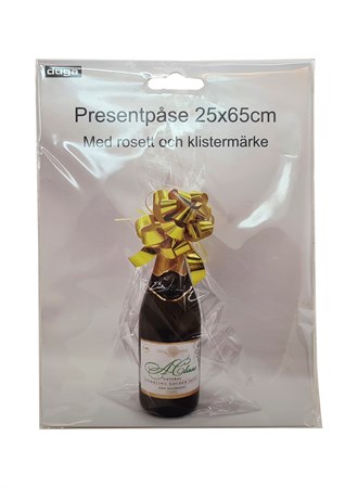 Presentpåse cellofal med rosett och etikett. Färdig presentpåse som passar tex en flaska. Finns i två olika modeller på rosetten