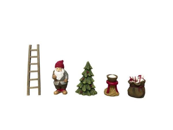 Tomte med grötskål julgran stege och säck