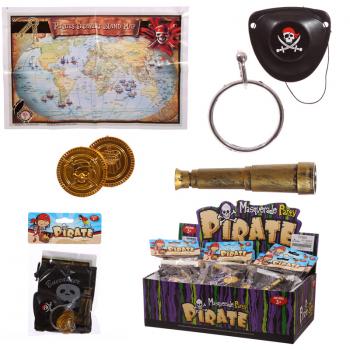 Pirat saker för den lilla piraten. Ett sett med Karta, Teleskop, Ögonlapp, Örhänge och pirat pengar.   Påse 12x10cm  Teleskop 10