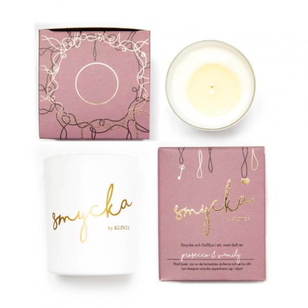 Ett stort exklusivt doft & massage ljus från klinta Prosecco & Vanilj . Med en riktigt fräsch och lättsam doft. Mousserande fris