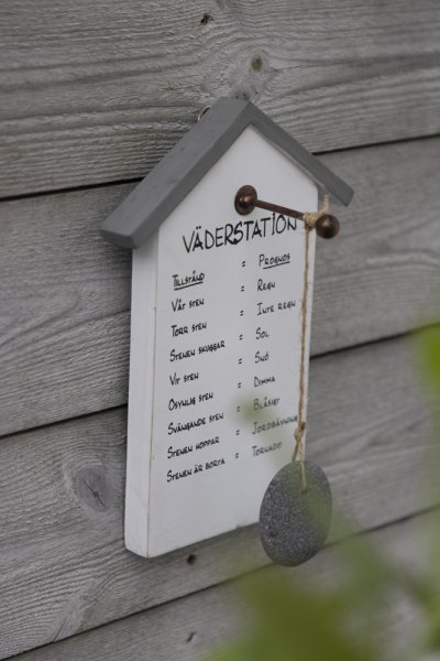 Väderstation med text i drivved