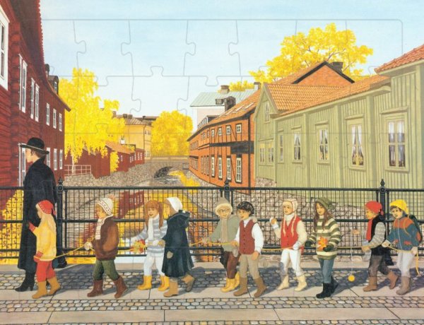 Pussel Höstpromenad vid svartån i Västers. Ett vacker motiv designat motiv Av Erkers Marie Persson. På 45 bitar med ram. Ett pus