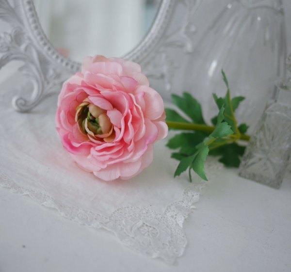 Vacker rosa ranunkel i stor utslagen modell med ljusgrön längre stjälk och ljusgröna blad. En levande välarbetad och detalj ful