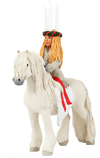 Ridande lucia med ljus i håret att dekorera med. Designad av Erkers Marie Persson Leksand. Unik i sin stil och modell. Ett Sven