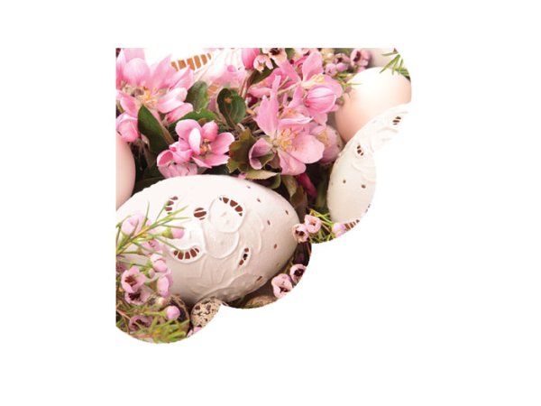 Vår påsk servetter i rosa med vackert detaljrikt motiv. I annorlunda modell med vågad rundad ytterkant . 32cm 20 per paket