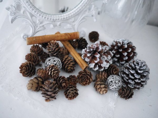 Dekorations påsar med kottar och blandat natur material. I varje påse finns vissa natur delar, kryddor och kottar med glitter in